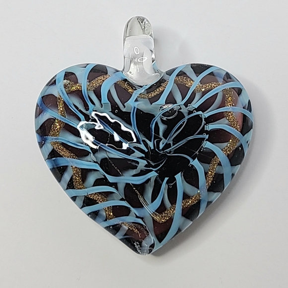 Heart Glass Blue Brown Swirl Pendant - Picture 8 of 9